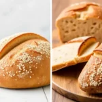 Artisan bread loaves with rustic texture and golden-brown crusts on a wooden table.