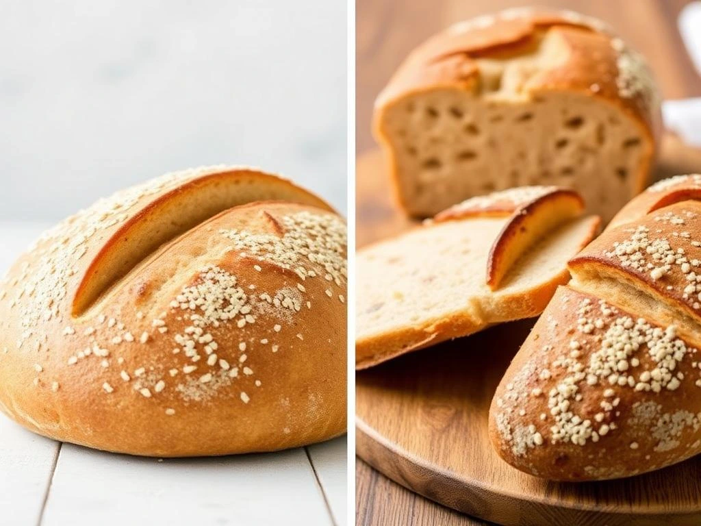 Artisan bread loaves with rustic texture and golden-brown crusts on a wooden table.