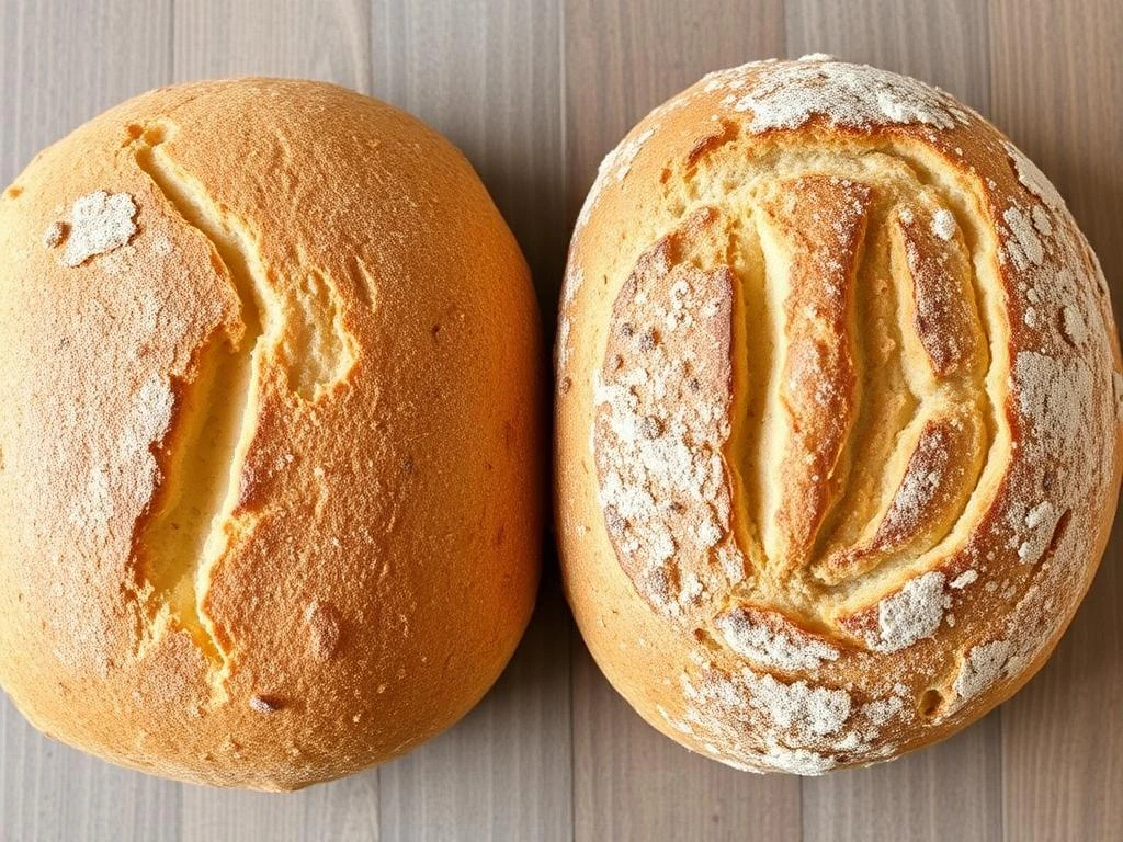 A comparison of regular bread and artisan bread loaves placed side by side.