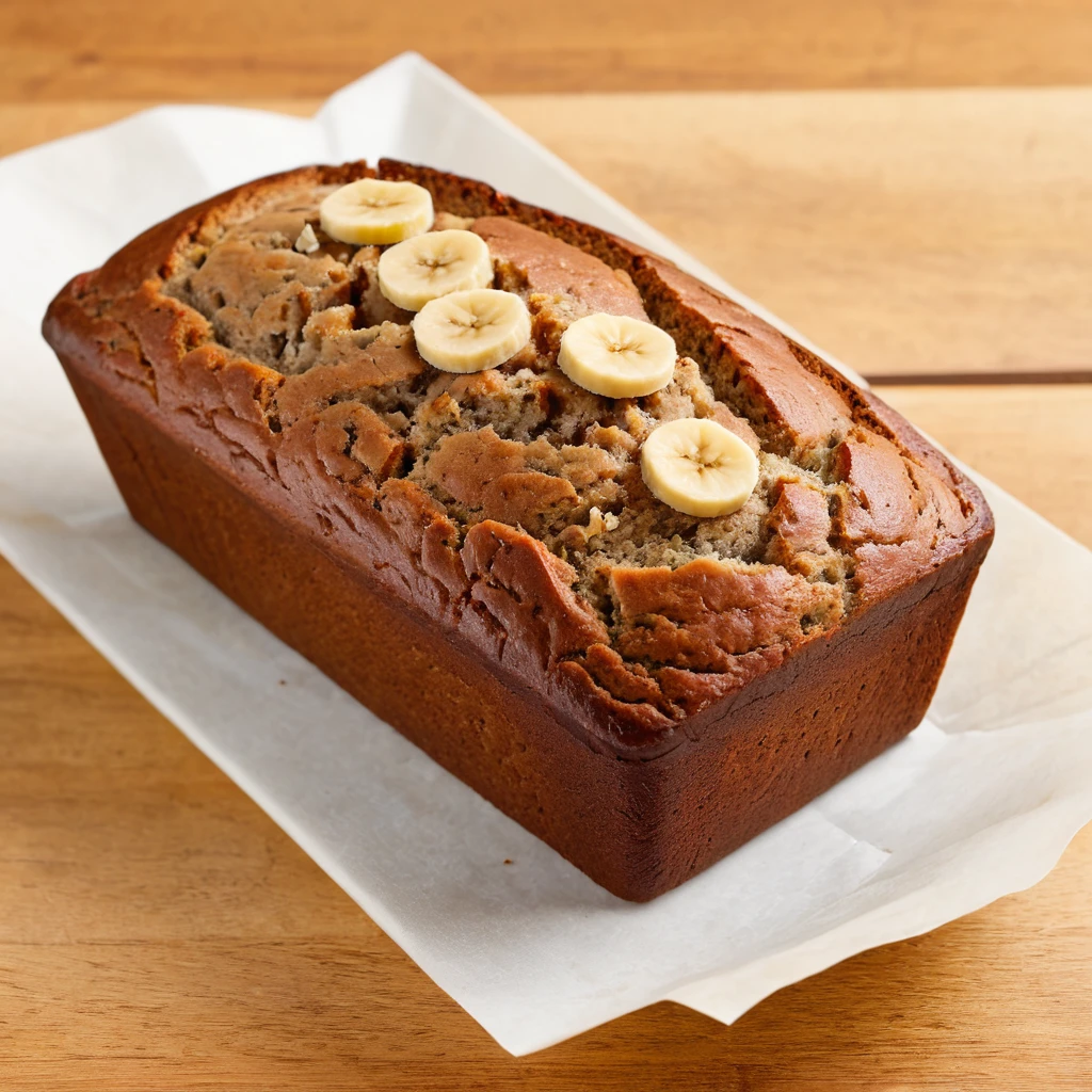 "Banana bread loaf made without eggs or dairy, sliced on a plate"