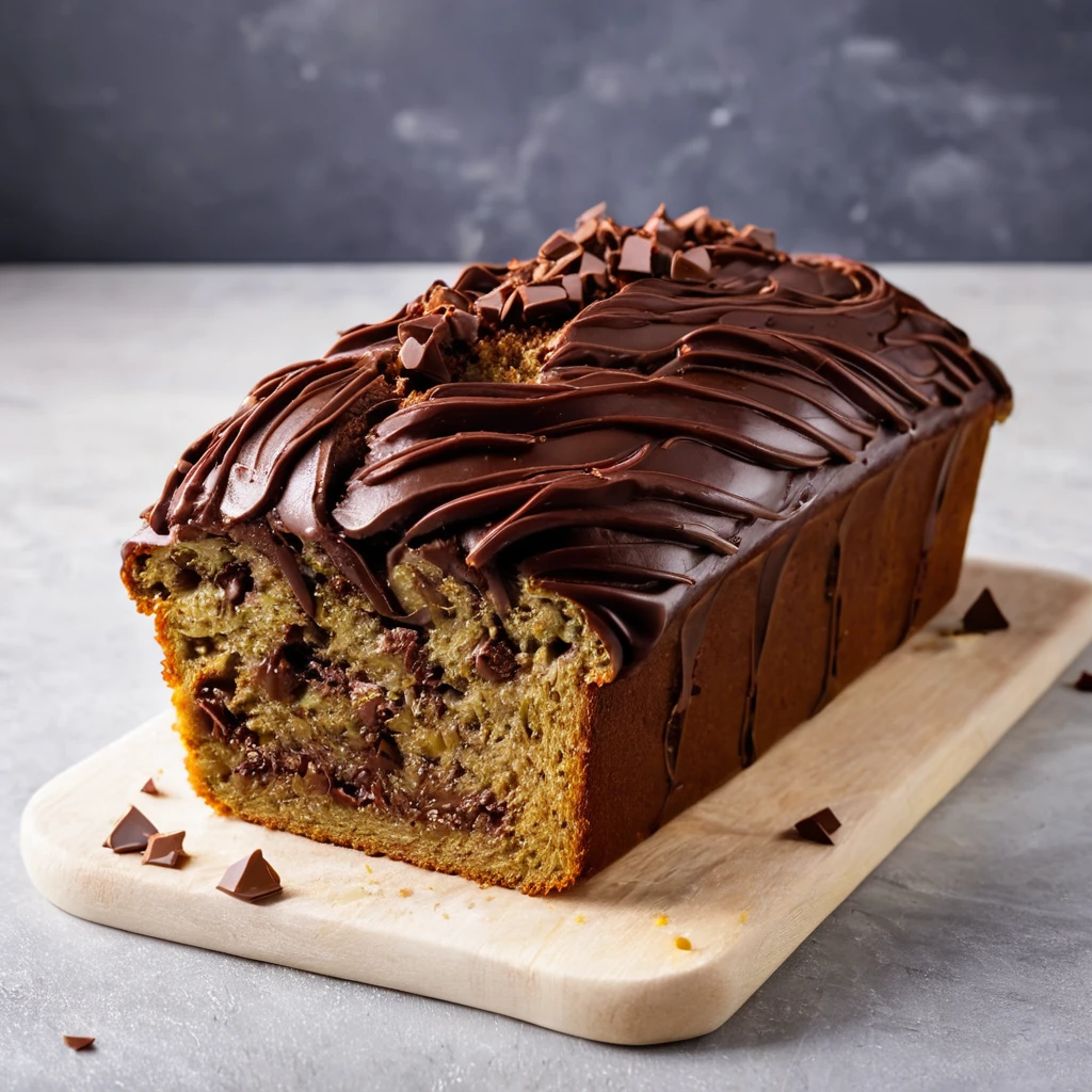 "A freshly baked loaf of healthy banana bread with slices on a wooden cutting board."