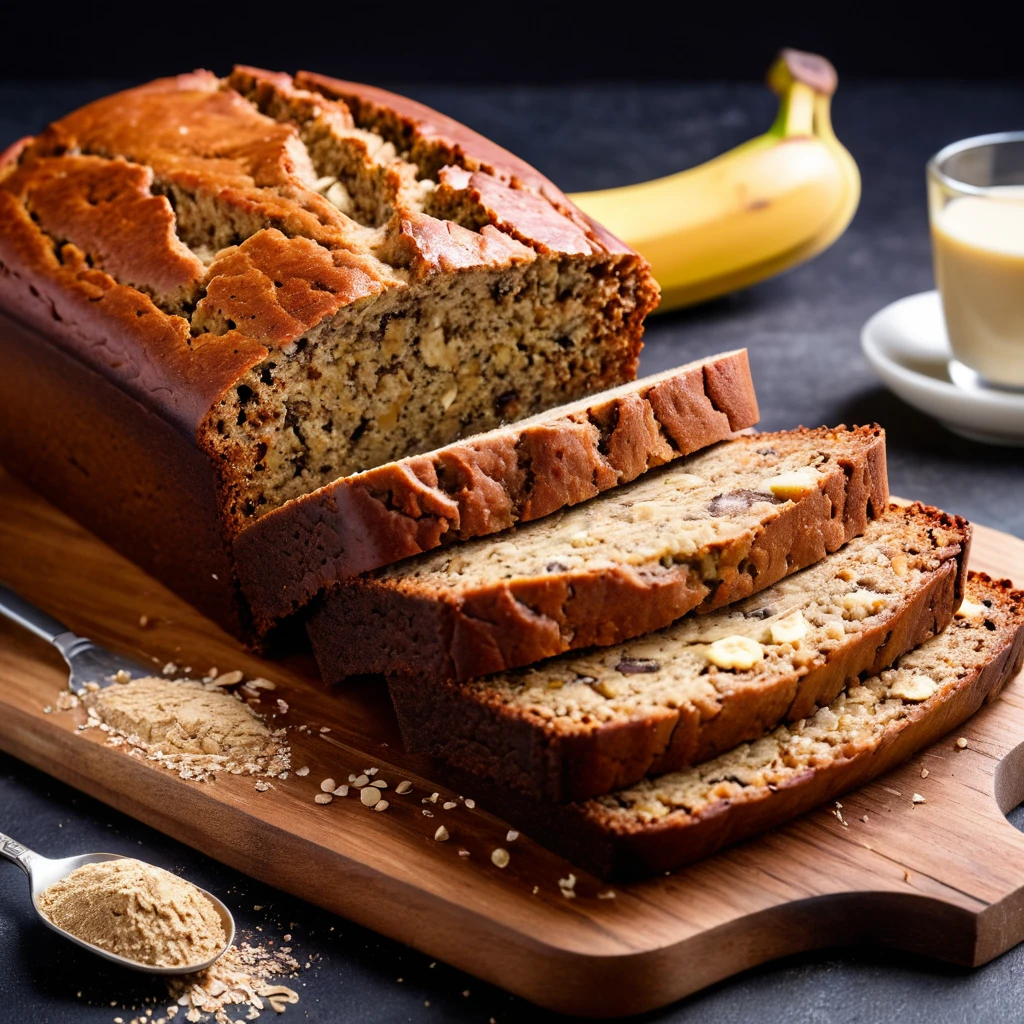 Sliced banana bread with a drizzle of peanut butter and banana slices.