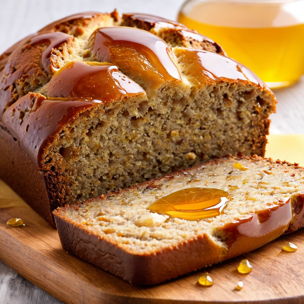 Protein banana bread slice with chocolate chips and a drizzle of honey.