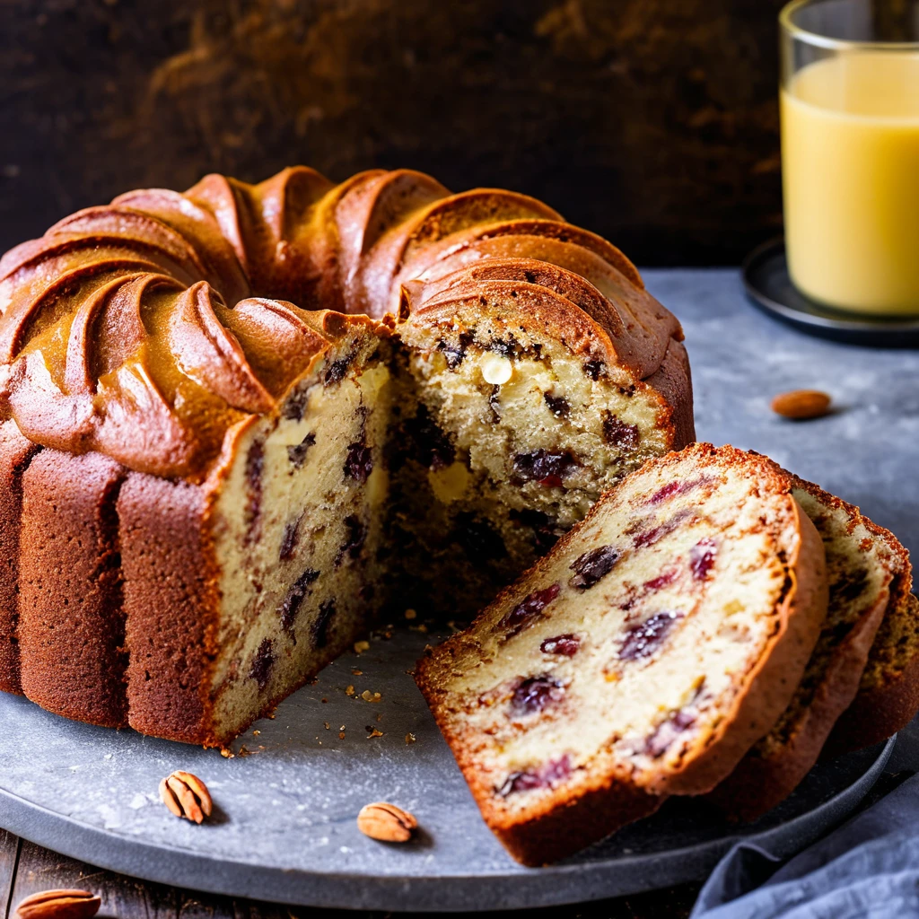 "Freshly baked sourdough banana cake cooling on a wire rack."
