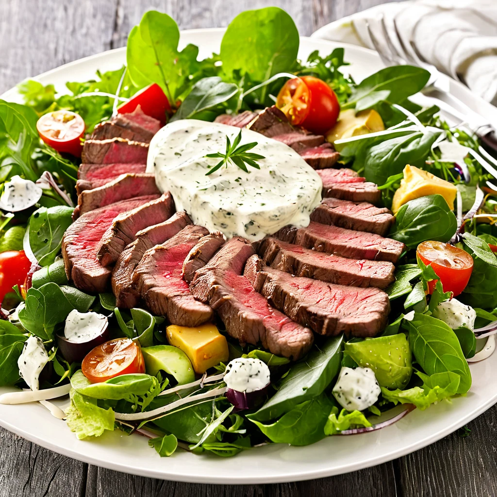 Steak salad topped with rich blue cheese dressing