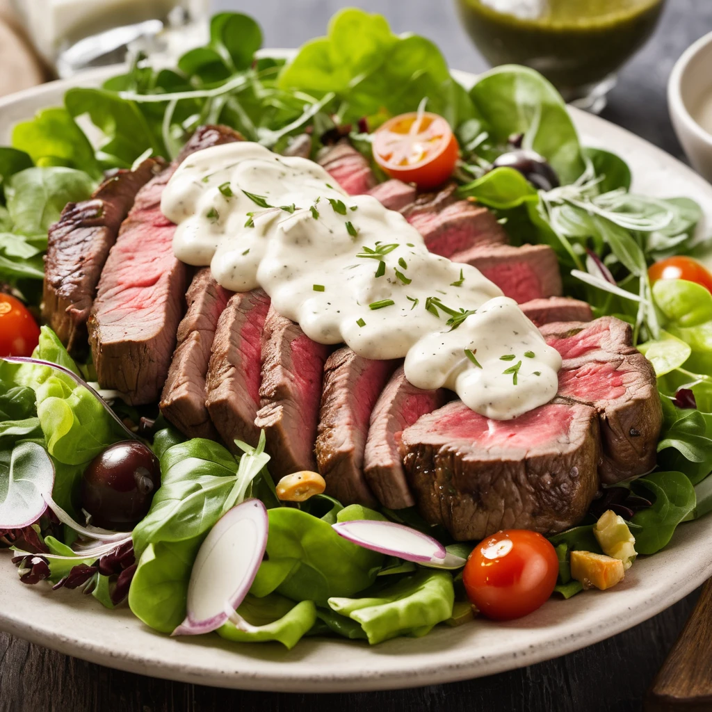 Classic steak salad drizzled with creamy ranch dressing