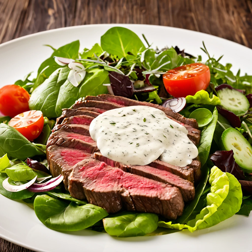 Creamy avocado dressing on a fresh steak salad