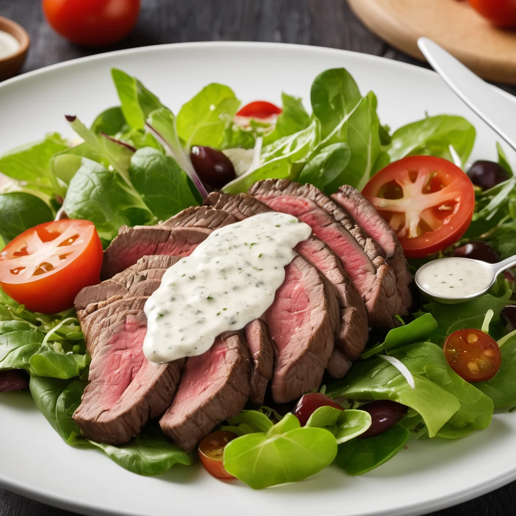 Steak salad drizzled with creamy Caesar dressing