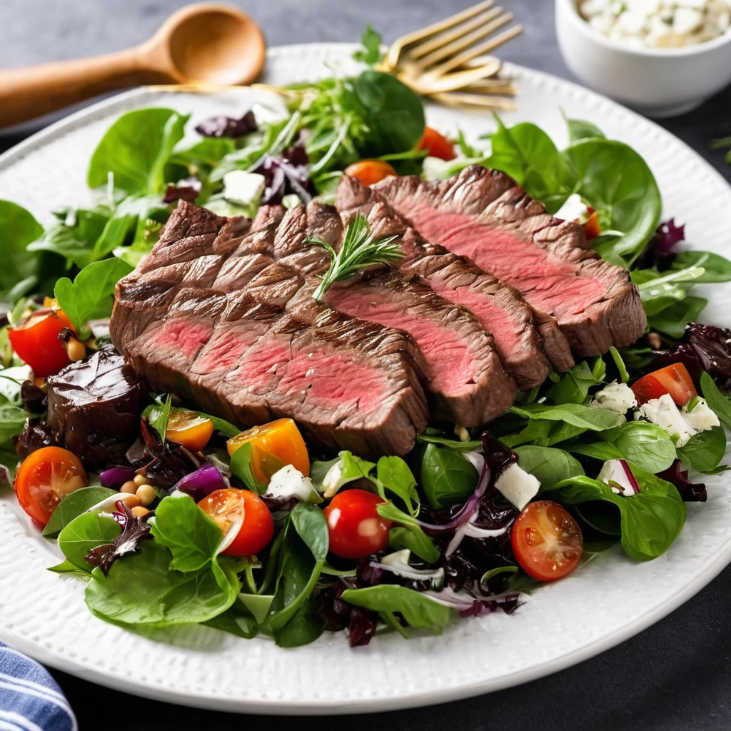 A beautifully plated steak salad with dressing drizzled on top